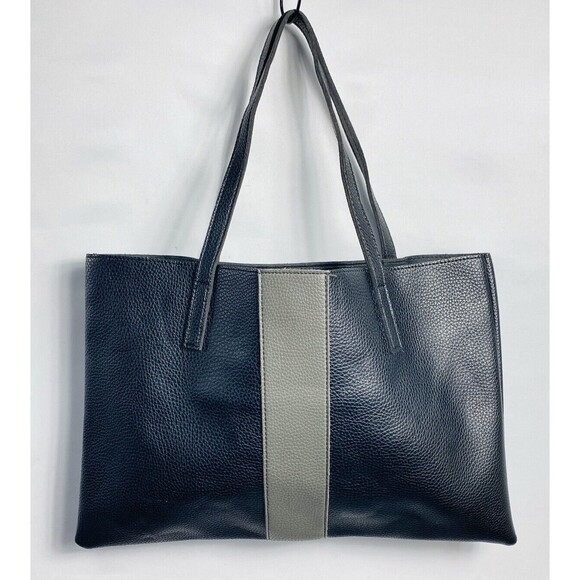 Vince Camuto Vegan 17” Leather Pebbled Black Gray Stripe Tote purse - Picture 1 of 3